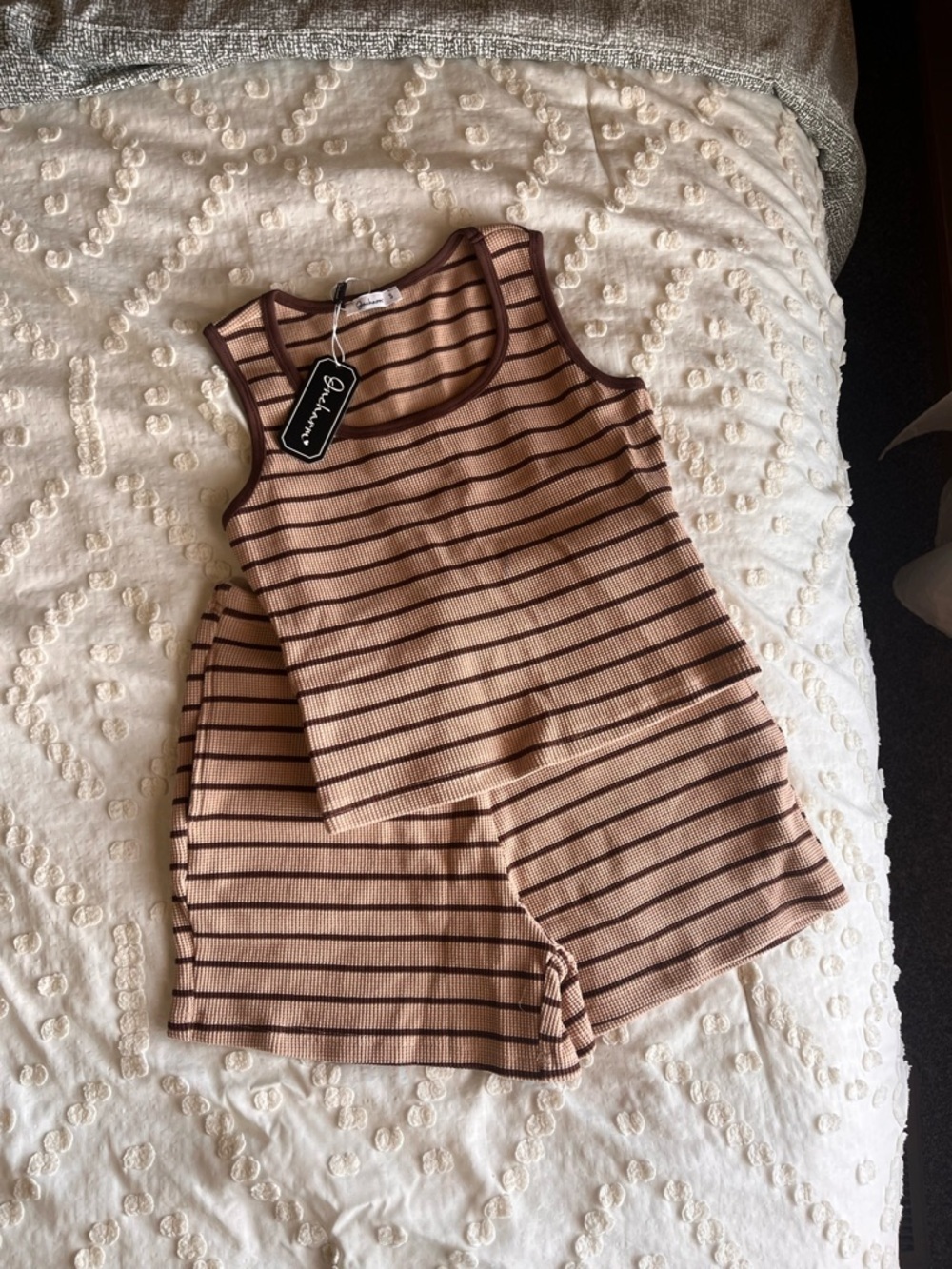 Oncharm Women’s 2 Piece Short Sets Striped Waffle Knit 95% cotton